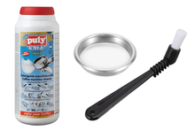 Cargar imagen en el visor de la galería, Kit de Limpieza para máquinas - Puly Caff 900gr, Filtro Ciego y Cepillo